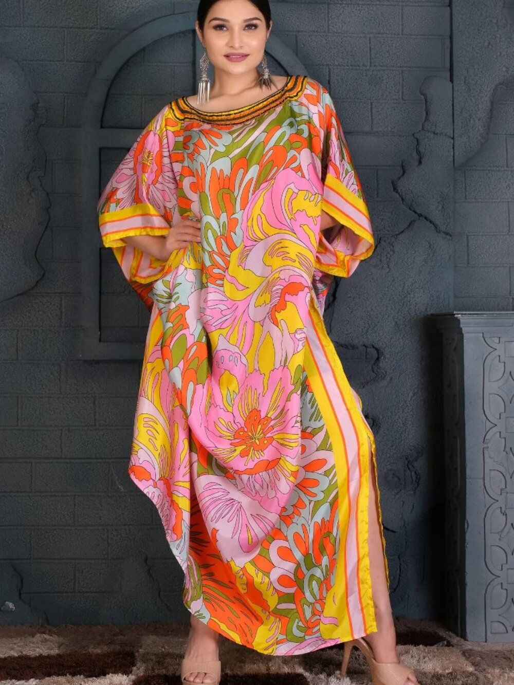 SILKKAFTANS Vintage 70s Style Psychedelic Floral Maxi Kaftan Dress OS